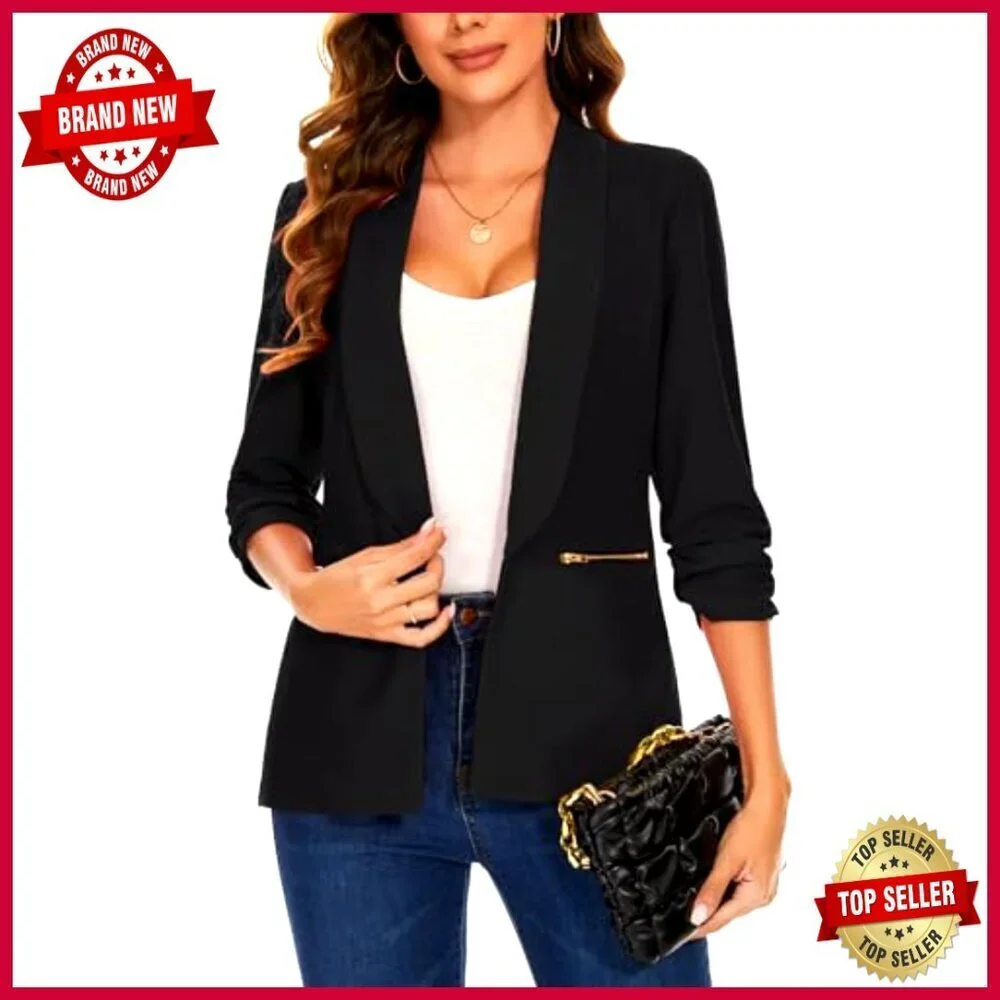 3/4 Sleeve Open Front Blazer with Zipper Pockets for Work & Casual